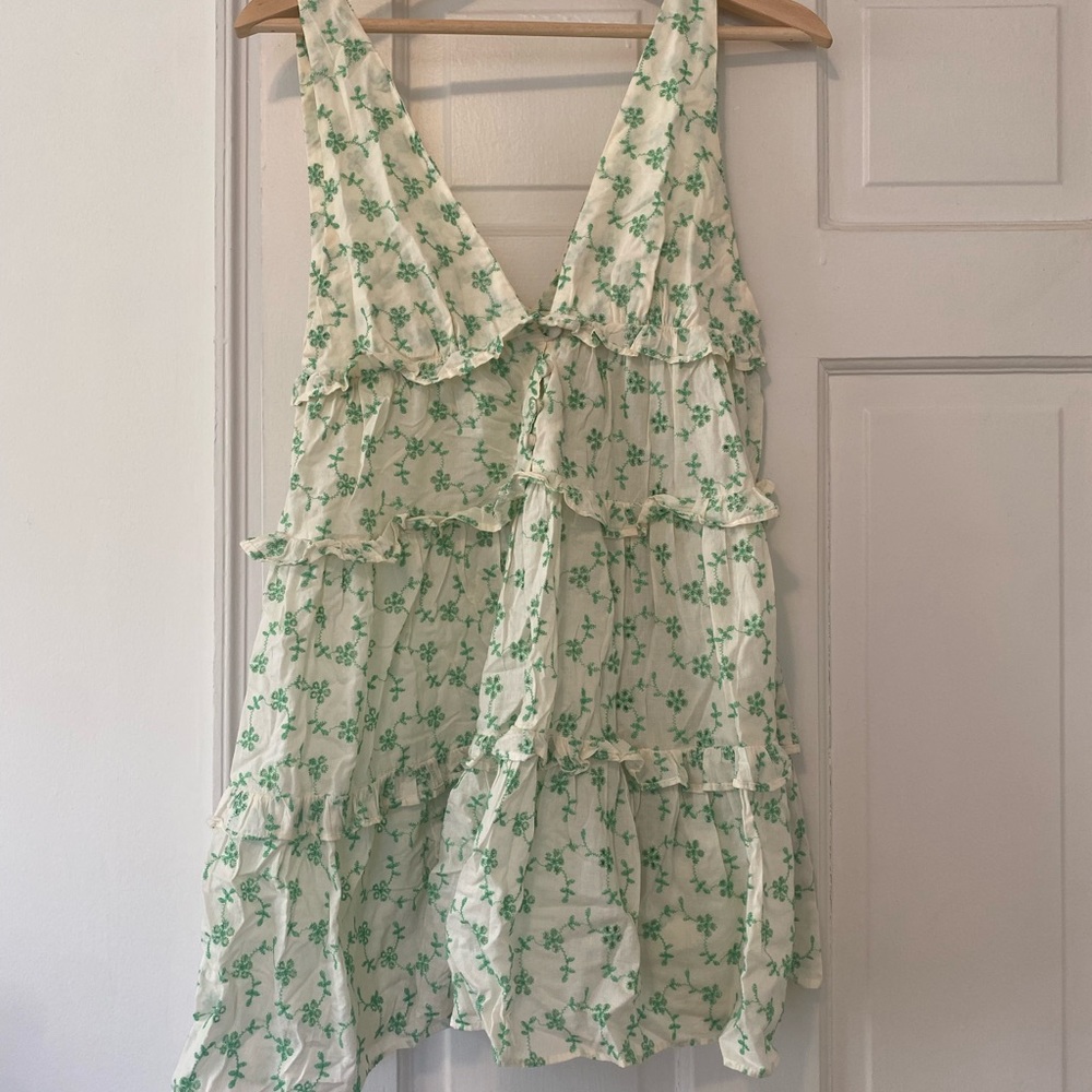 Floral Ruffle Dress in Green and Cream